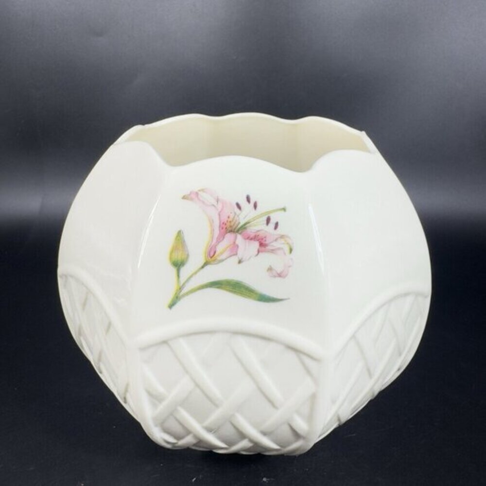 Belleek Country Trellis‎ Pink Lily Bowl Original Sticker Rose Bowl Vase Dish VTG